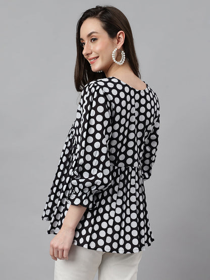Women's Polka Print Black Cotton Tops