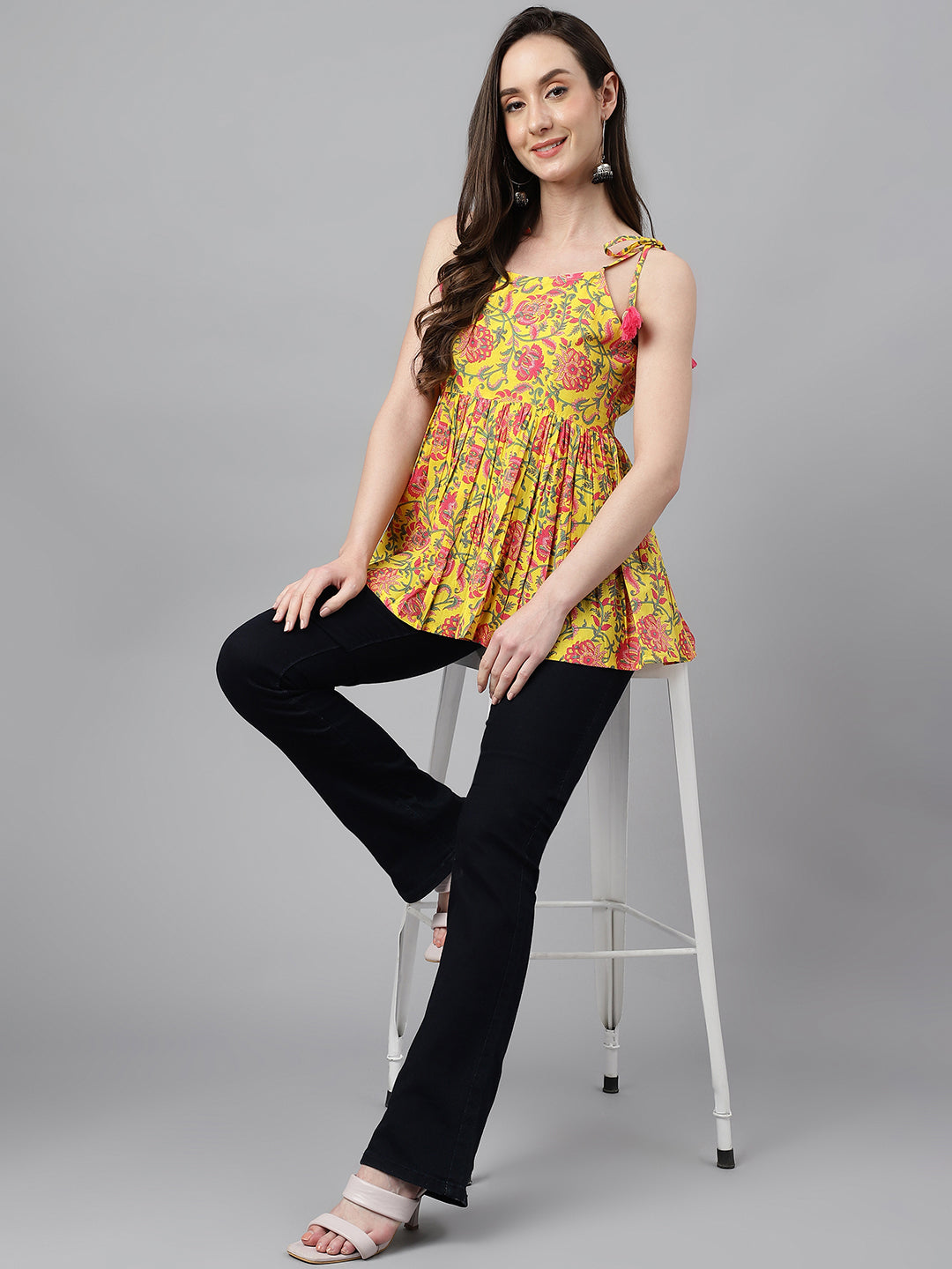 Women's Floral Print Yellow Cotton Tops