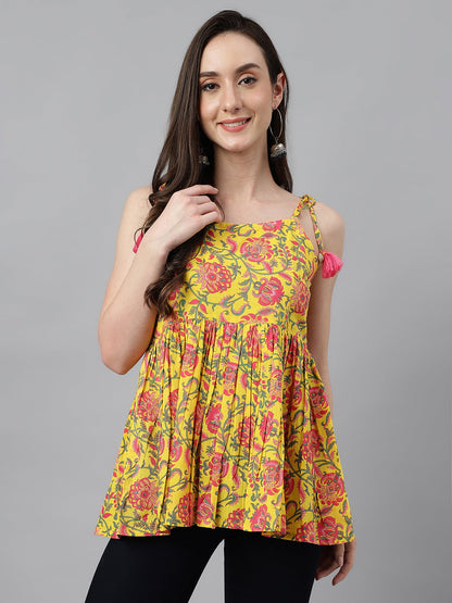 Women's Floral Print Yellow Cotton Tops