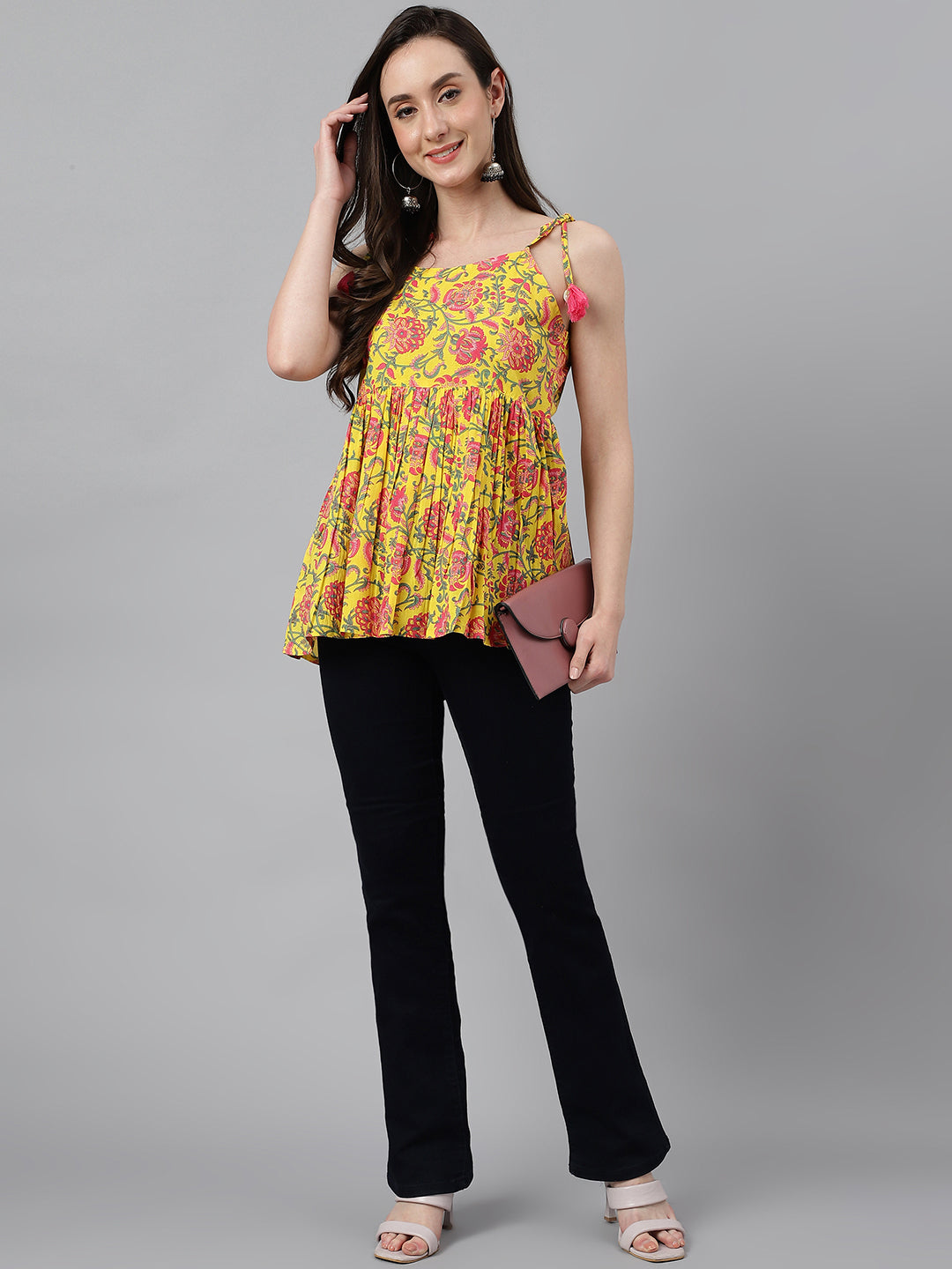 Women's Floral Print Yellow Cotton Tops