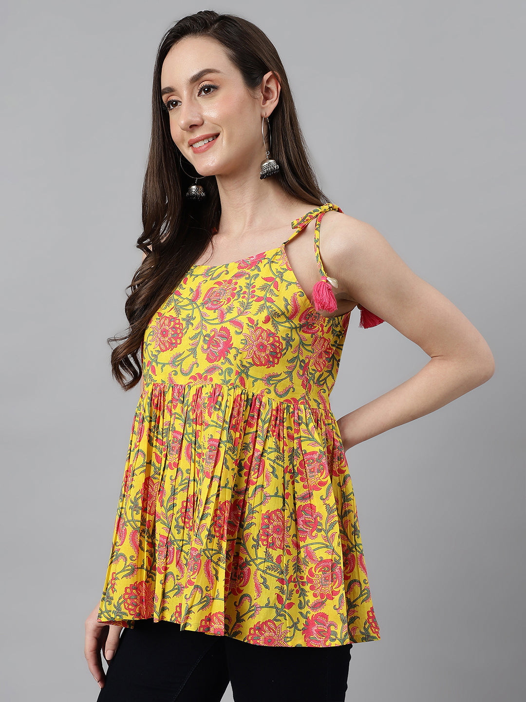 Women's Floral Print Yellow Cotton Tops