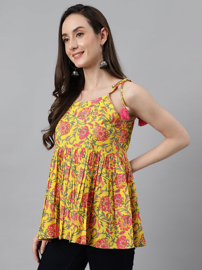 Women's Floral Print Yellow Cotton Tops