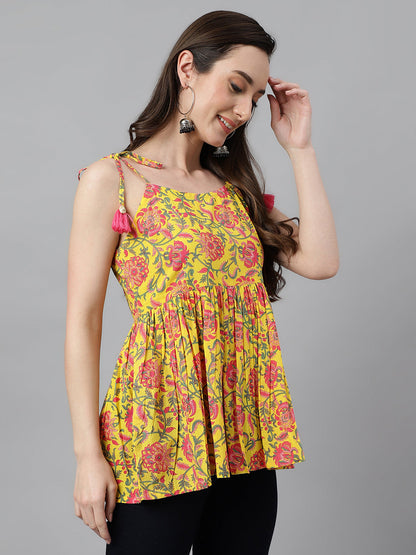 Women's Floral Print Yellow Cotton Tops