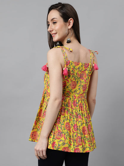 Women's Floral Print Yellow Cotton Tops