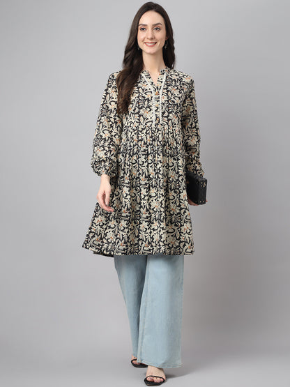 Women's Floral Print Black Cotton Tunics