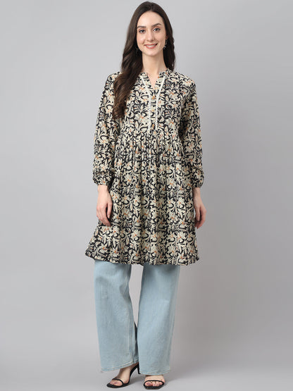 Women's Floral Print Black Cotton Tunics