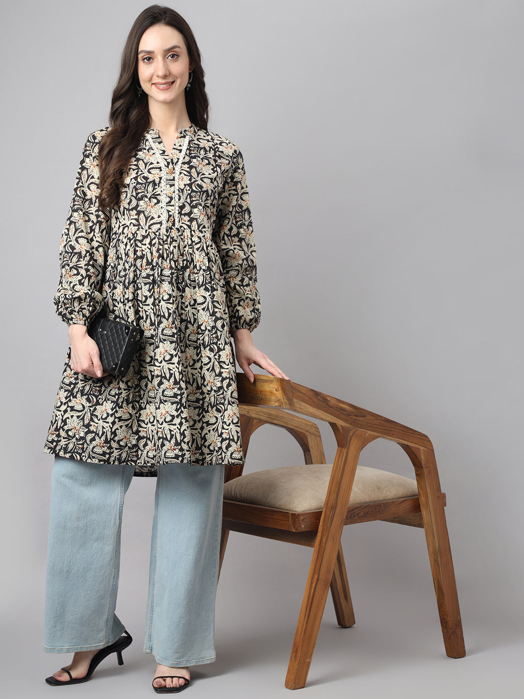 Women's Floral Print Black Cotton Tunics