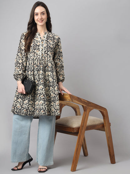 Women's Floral Print Black Cotton Tunics