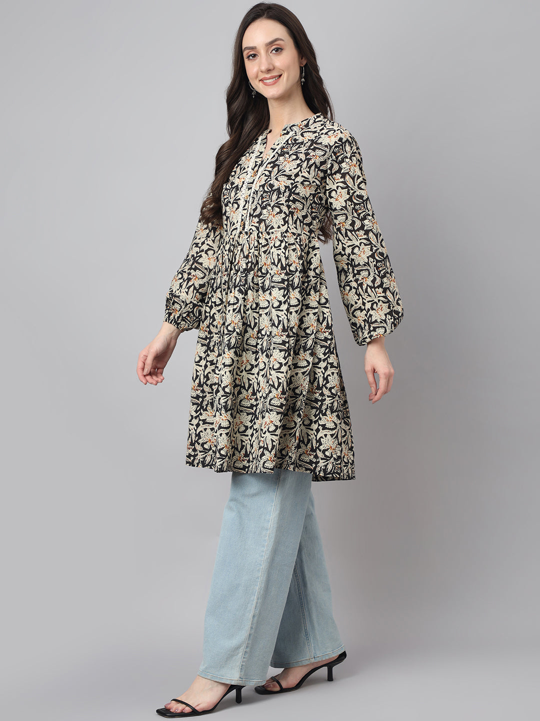 Women's Floral Print Black Cotton Tunics
