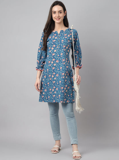 Women's Floral Print Blue Cotton Tunics