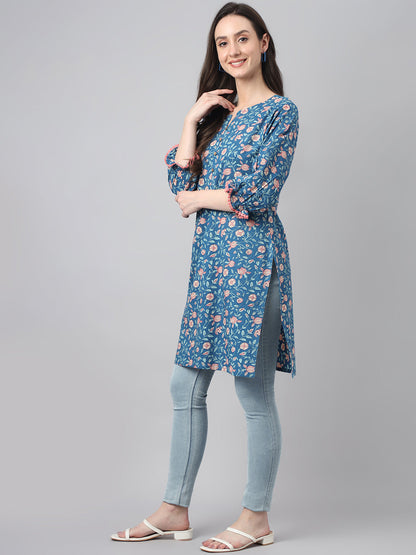 Women's Floral Print Blue Cotton Tunics