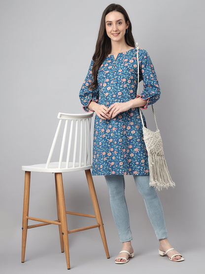 Women's Floral Print Blue Cotton Tunics