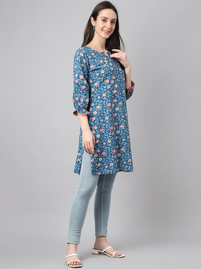 Women's Floral Print Blue Cotton Tunics