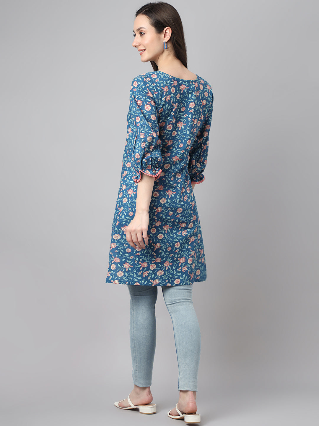Women's Floral Print Blue Cotton Tunics