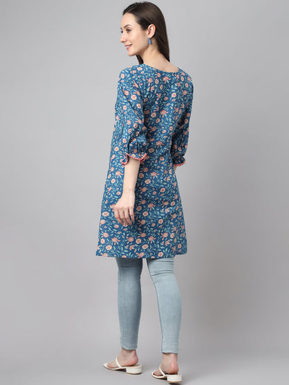 Women's Floral Print Blue Cotton Tunics