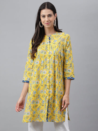Women's Floral Print Yellow Cotton Tunic