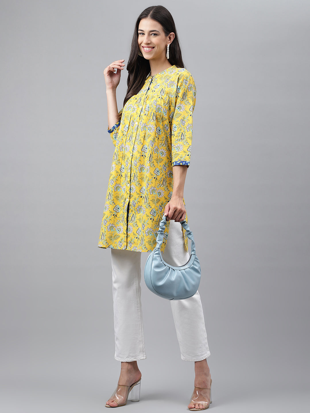 Women's Floral Print Yellow Cotton Tunic