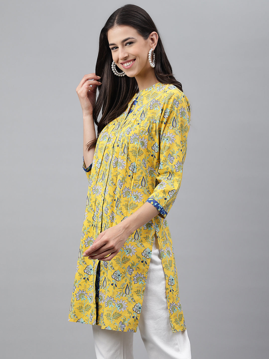 Women's Floral Print Yellow Cotton Tunic