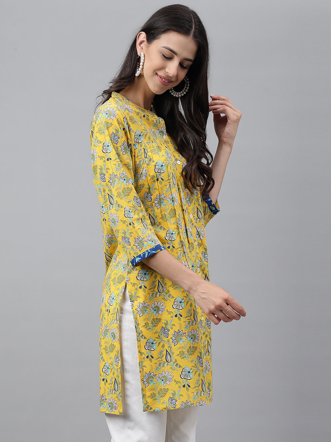Women's Floral Print Yellow Cotton Tunic