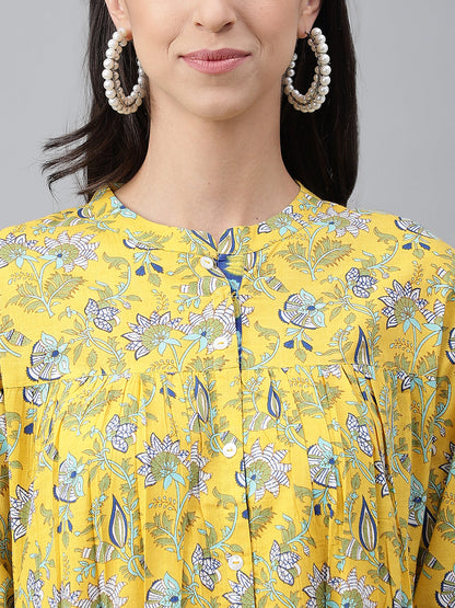 Women's Floral Print Yellow Cotton Tunics