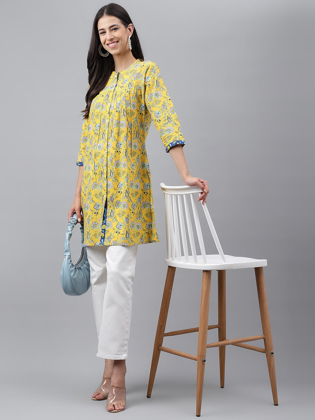 Women's Floral Print Yellow Cotton Tunic