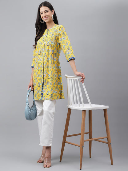Women's Floral Print Yellow Cotton Tunic