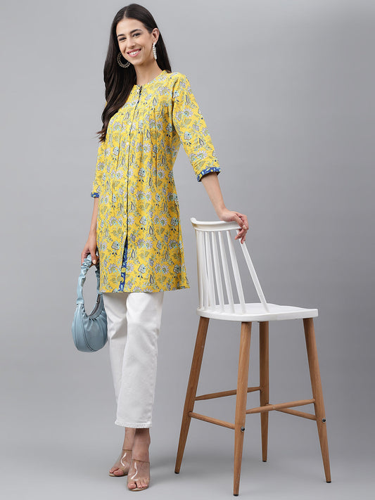 Women's Floral Print Yellow Cotton Tunic