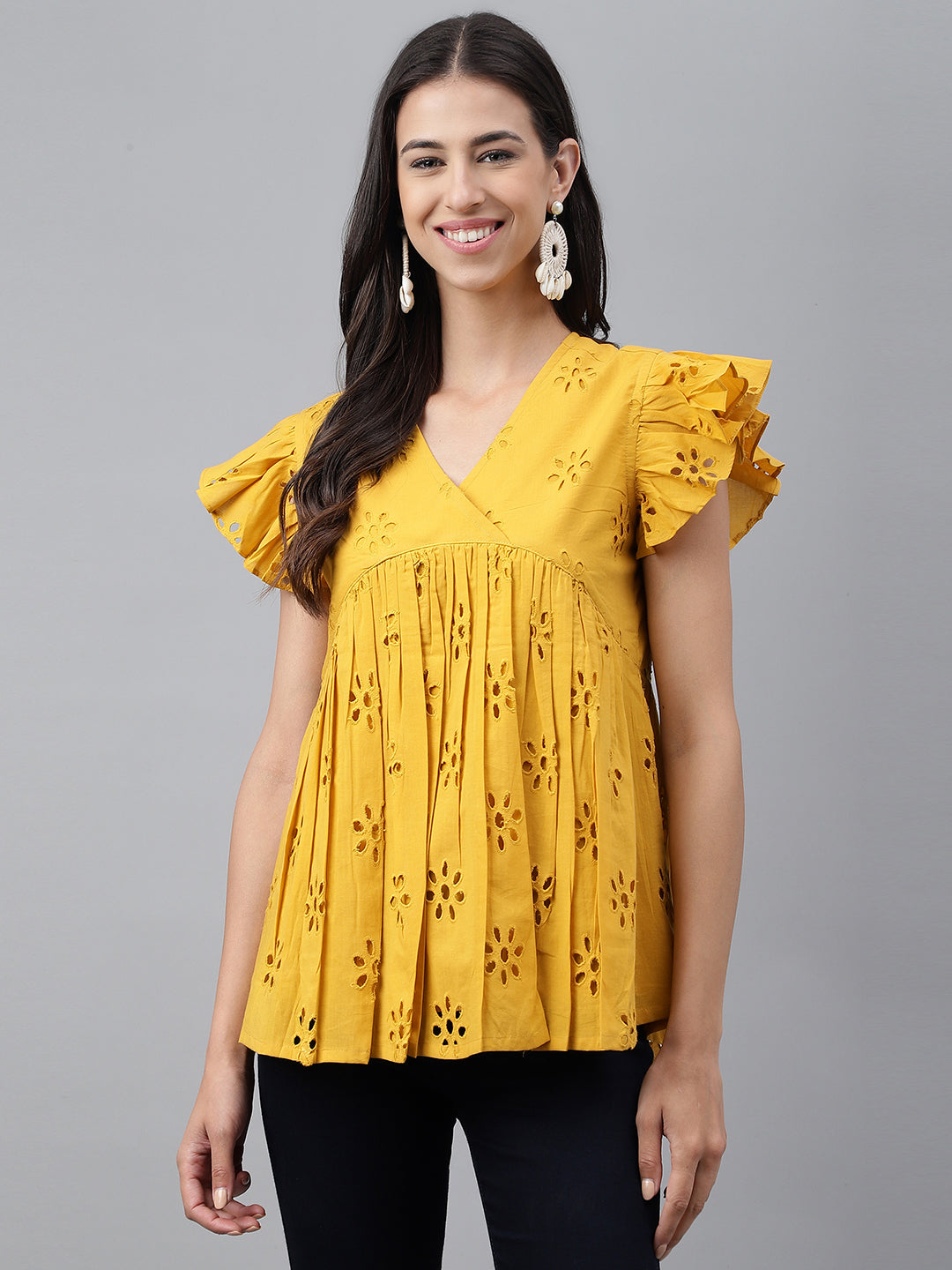 Women's Schiffli Mustard Cotton Tops