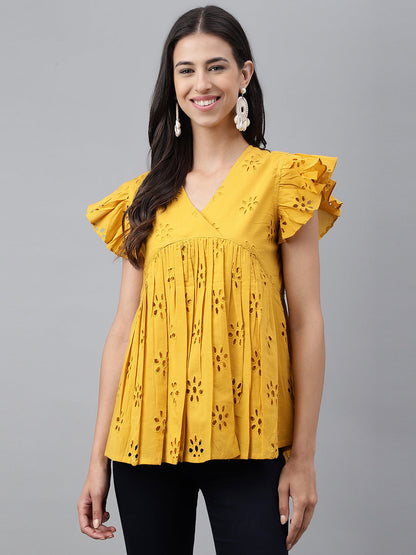 Women's Schiffli Mustard Cotton Tops