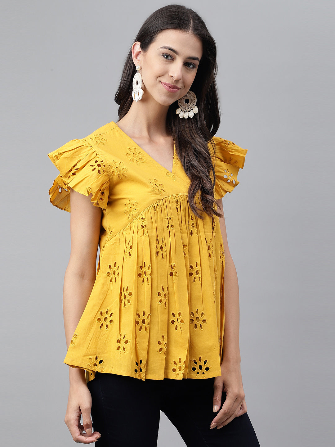 Women's Schiffli Mustard Cotton Tops