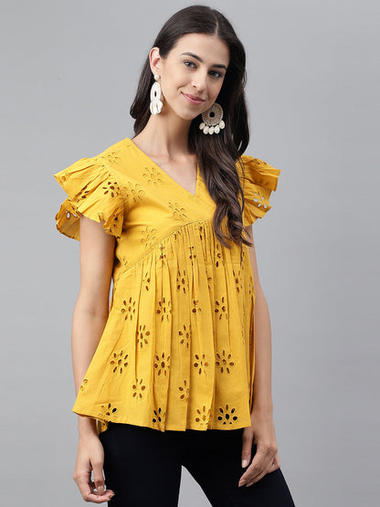 Women's Schiffli Mustard Cotton Tops
