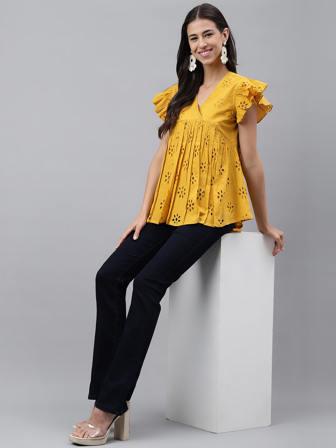 Women's Schiffli Mustard Cotton Tops
