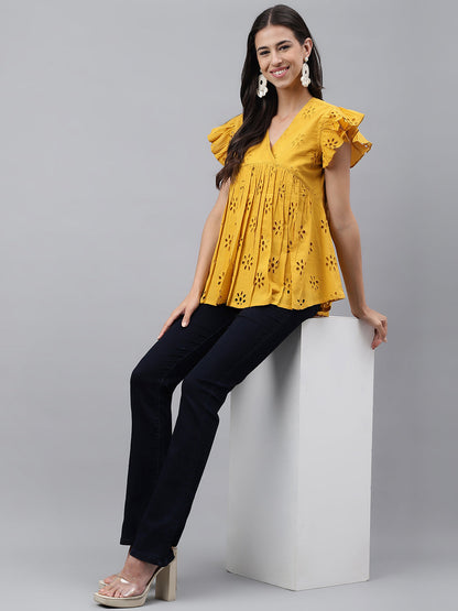 Women's Schiffli Mustard Cotton Tops