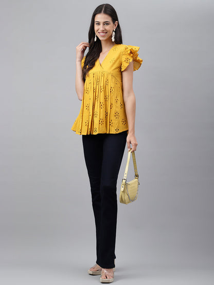 Women's Schiffli Mustard Cotton Tops