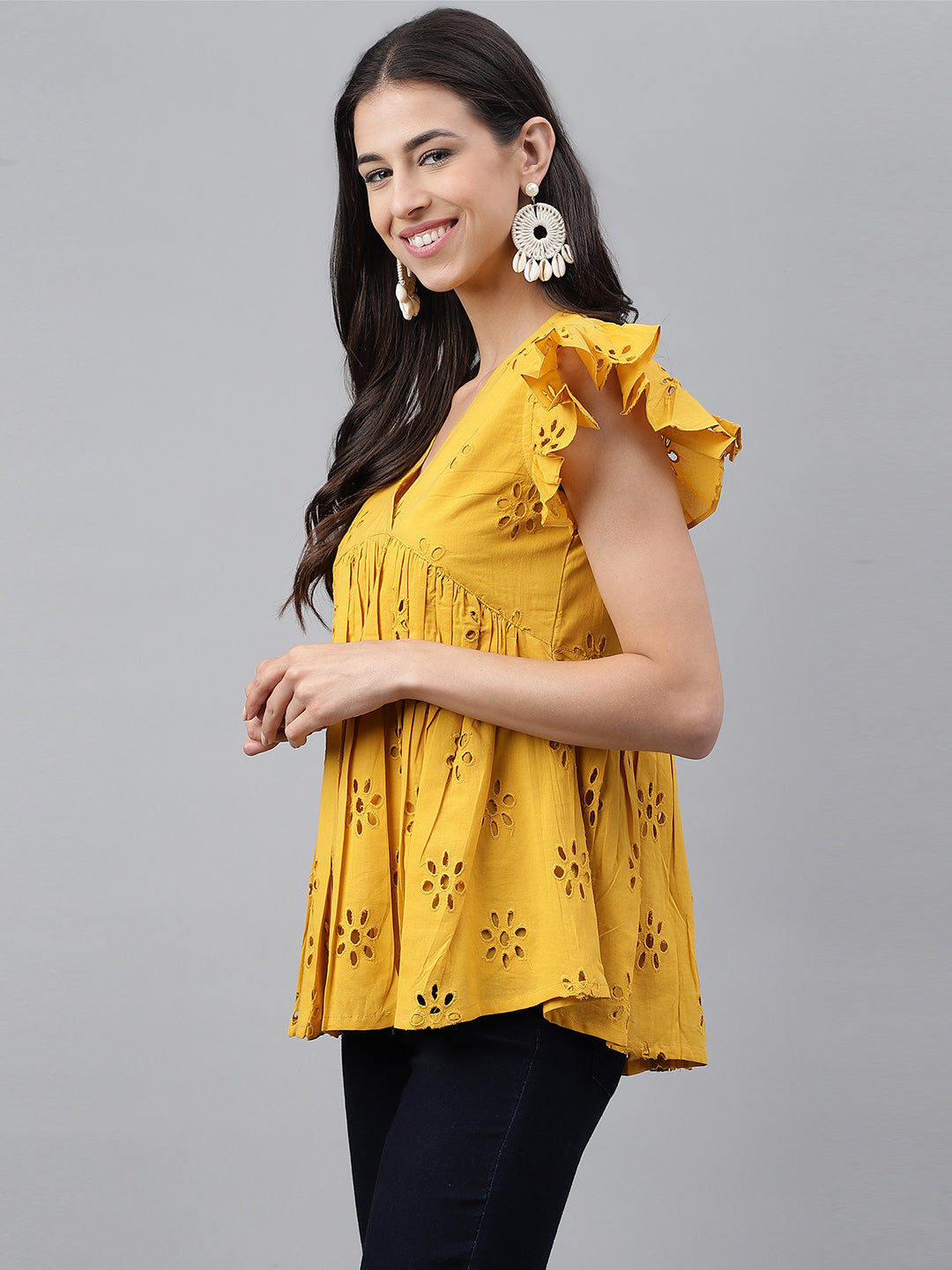 Women's Schiffli Mustard Cotton Tops