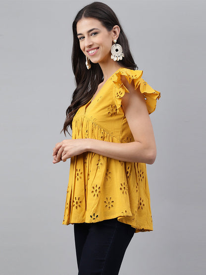 Women's Schiffli Mustard Cotton Tops