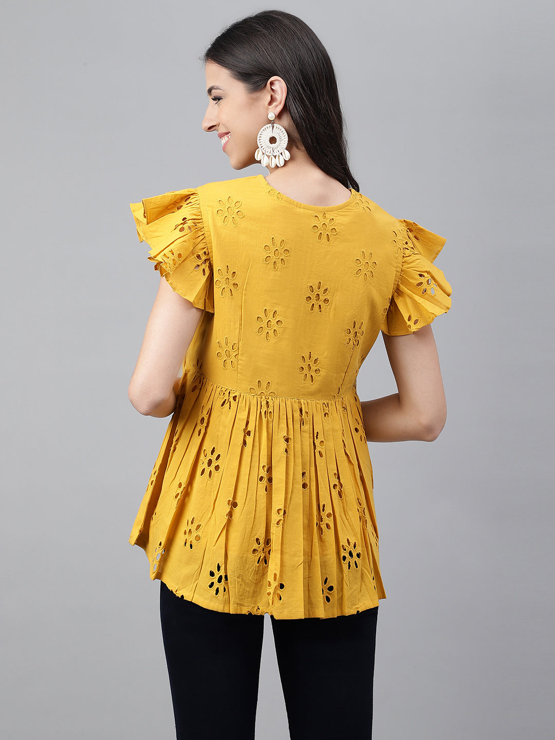 Women's Schiffli Mustard Cotton Tops