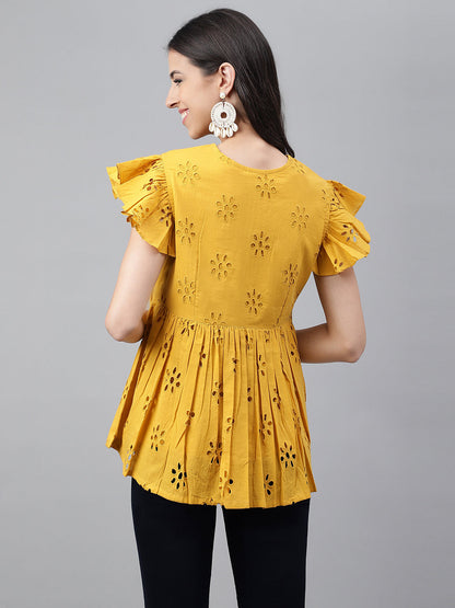 Women's Schiffli Mustard Cotton Tops
