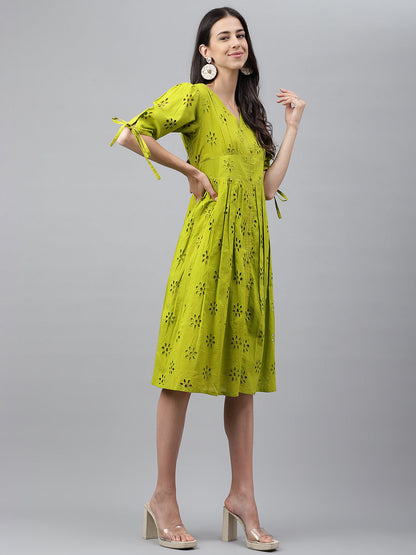 Women's Schiffli Lime Green Cotton Dress