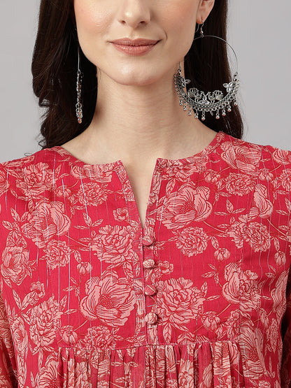 Women's Floral Printed Dark Pink Chiffon Lurex Dress
