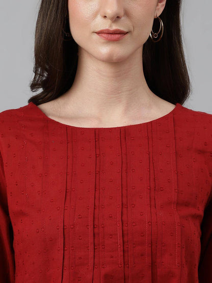 Women's Maroon Dobby Cotton Solid Handkerchief Tunic