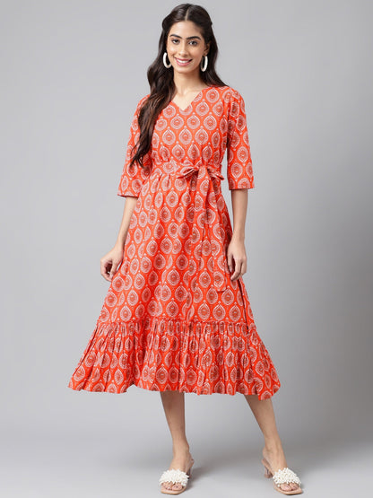 Women's Ethnic Motifs Printed Orange Cotton Dress
