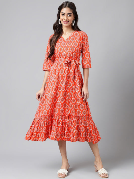 Women's Ethnic Motifs Printed Orange Cotton Dress