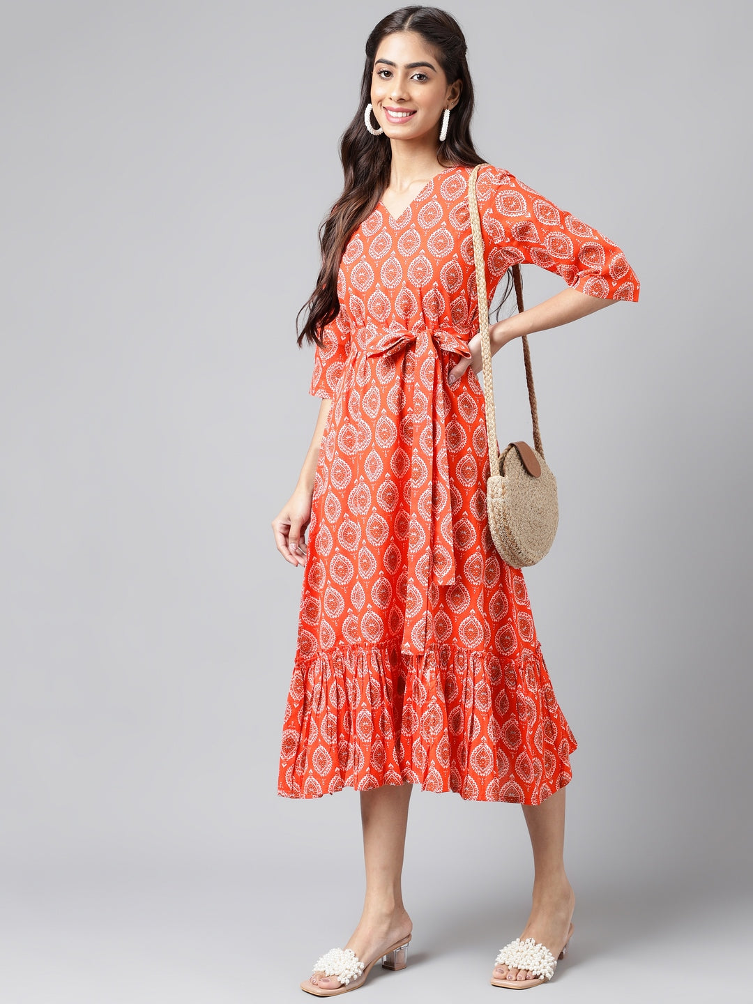 Women's Ethnic Motifs Printed Orange Cotton Dress