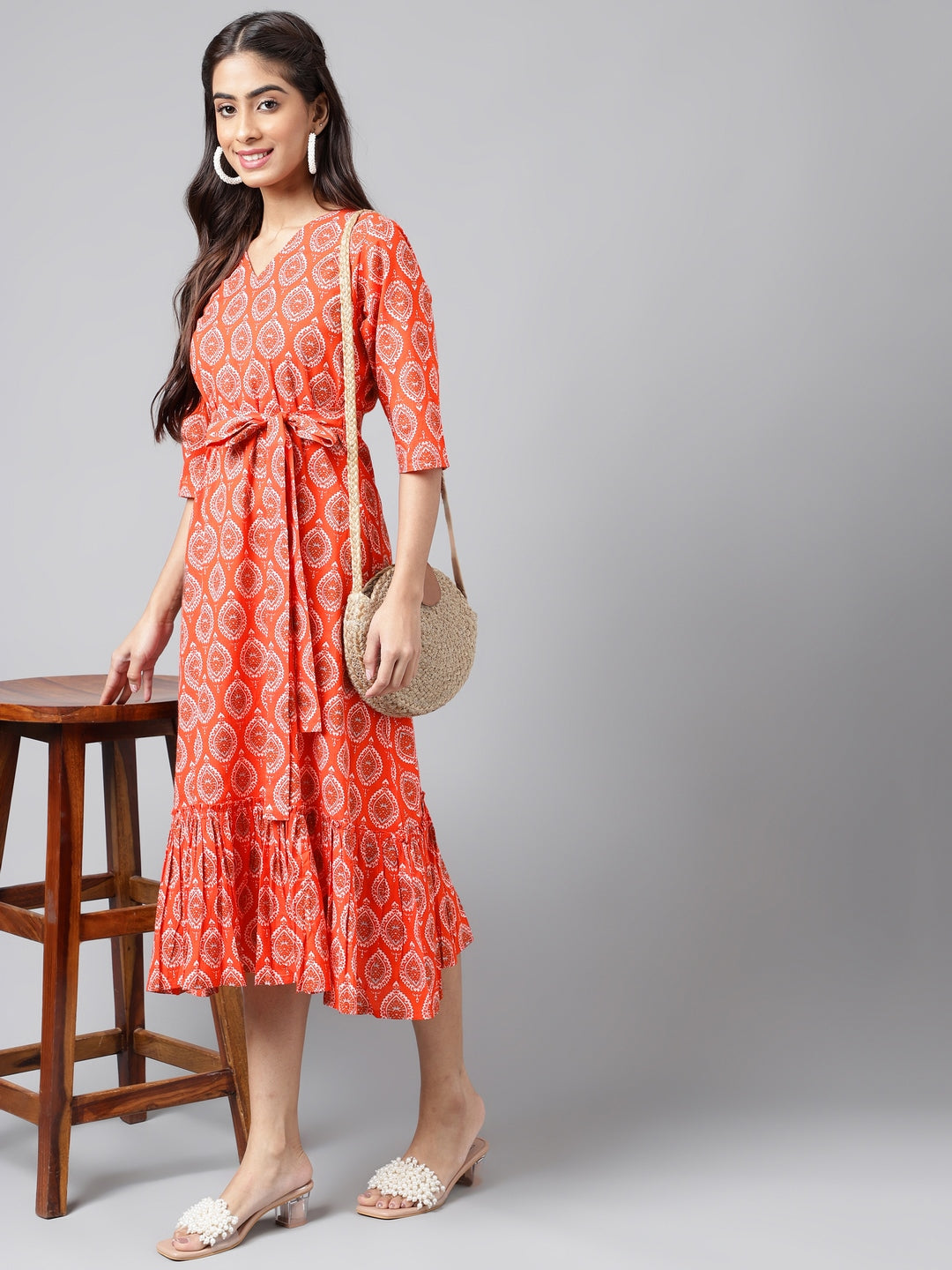 Women's Ethnic Motifs Printed Orange Cotton Dress