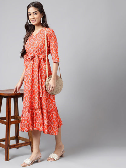 Women's Ethnic Motifs Printed Orange Cotton Dress