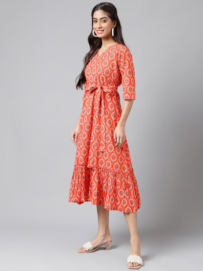 Women's Ethnic Motifs Printed Orange Cotton Dress