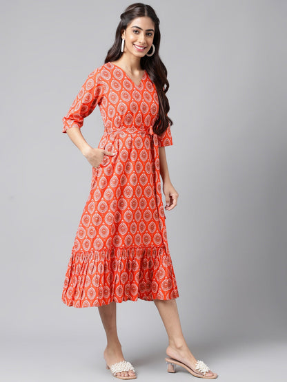 Women's Ethnic Motifs Printed Orange Cotton Dress