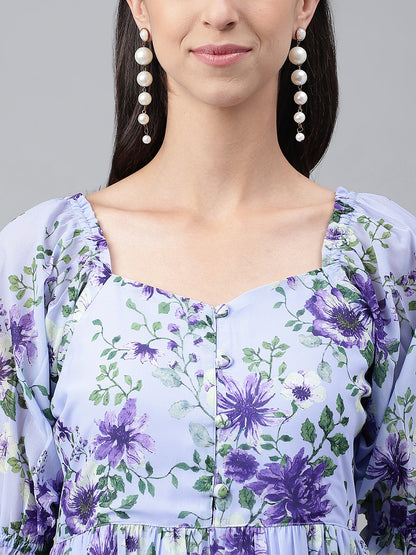 Women's Floral Printed Lavender Georgette Dress