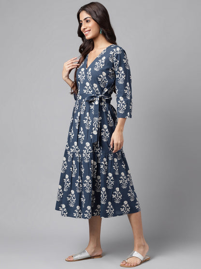 Women's Floral Printed Navy Blue Cotton Dress
